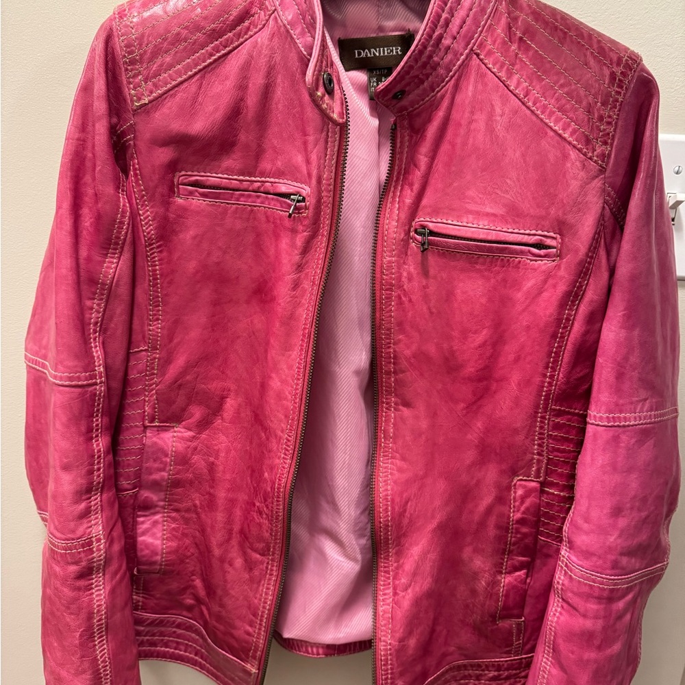 DANIER Women’s Pink Genuine Leather Lambskin Bomber Motorcycle Jacket XS